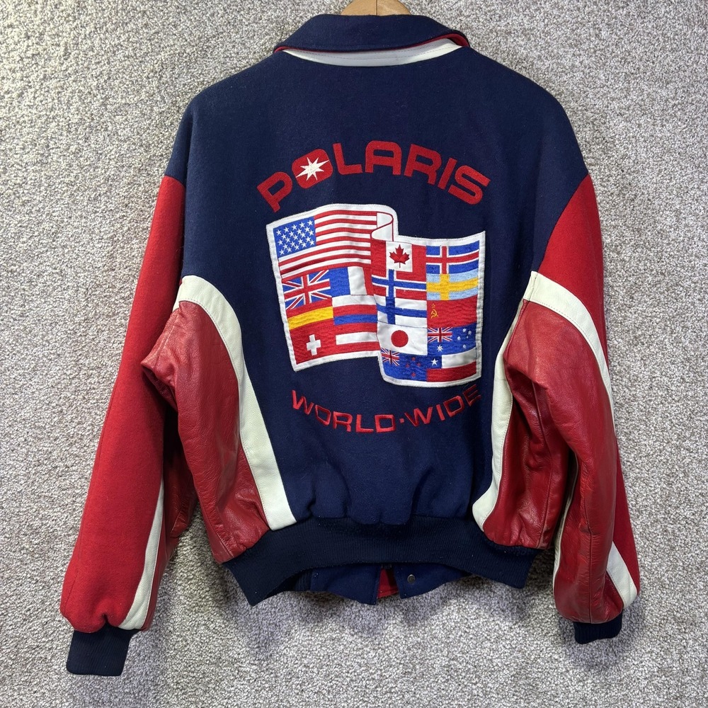 Vintage Polaris Jacket Mens Medium Blue Wool Leather Varsity Worldwide 80s‎